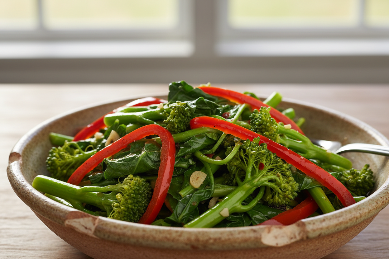 cooked rapini with red bell peppers